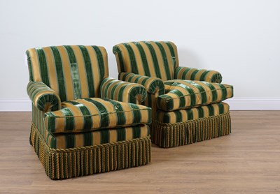Lot 885 - DUDGEON LONDON; A PAIR OF GREEN STRIPED UPHOLSTERED EASY ARMCHAIRS (2)