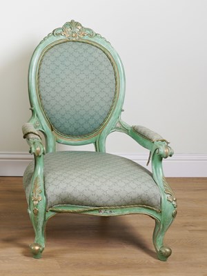 Lot 913 - A VICTORIAN STYLE GREEN POLYCHROME PAINTED LOW ARMCHAIR