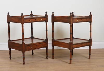 Lot 1020 - A NEAR PAIR OF LATE GEORGE III MAHOGANY TWO TIER SINGLE DRAWER BEDSIDE TABLES (2)