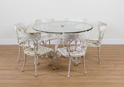 Lot 1023 - A WHITE PAINTED CAST ALUMINIUM GLASS TOPPED CIRCULAR GARDEN TABLE (8)