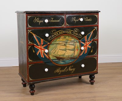 Lot 1050 - A VICTORIAN AND LATER NAUTICAL POLYCHROME PAINTED PINE FIVE DRAWER CHEST