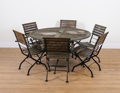 Lot 1066 - A SLATTED WOOD AND BLACK METAL CIRCULAR GARDEN TABLE (7)
