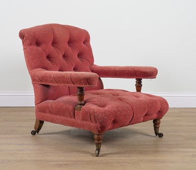 Lot 740 - HOWARD AND SONS; A LATE 19TH CENTURY WALNUT FRAMED OPEN ARM EASY CHAIR