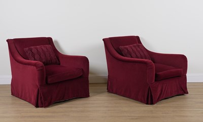 Lot 956 - A PAIR OF RED UPHOLSTERED EASY ARMCHAIRS (2)