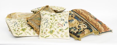 Lot 602 - FIVE TAPESTRY FRAGMENT AND NEEDLEWORK CUSHIONS (9)