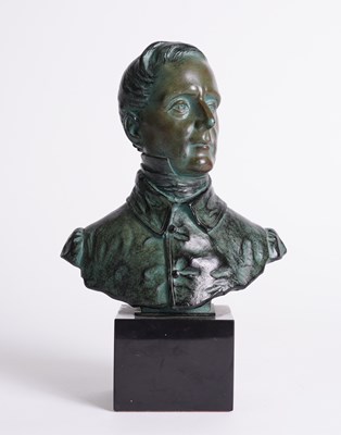 Lot 824 - AFTER EMILE CARLIER (FRENCH, 1843-1947): A GREEN PATINATED BRONZE BUST OF THE DUKE OF WELLINGTON