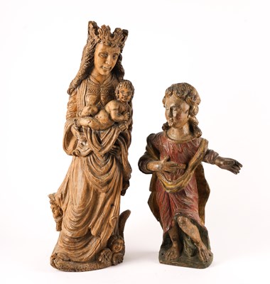 Lot 859 - A NORTH EUROPEAN LIMEWOOD CARVING OF THE VIRGIN AND CHILD AND ANOTHER CARVED FIGURE OF A MAN (2)