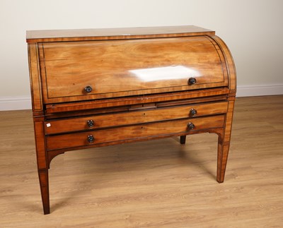 Lot 978 - A 19TH CENTURY EBONY BANDED MAHOGANY CYLINDER BUREAU OR WRITING DESK