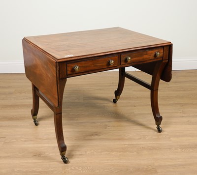 Lot 1034 - A REGENCY MAHOGANY DROP FLAP TWO DRAWER SOFA TABLE