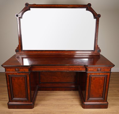 Lot 1035 - LAMB OF MANCHESTER; A 19TH CENTURY INLAID MAHOGANY MIRROR BACKED INVERTED BREAKFRONT PEDESTAL SIDEBOARD
