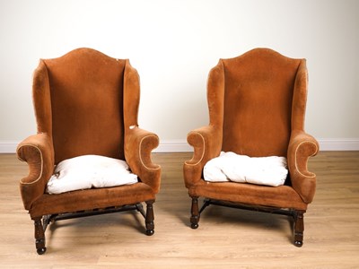 Lot 1069 - A PAIR OF QUEEN ANNE STYLE SHAPED WINGBACK ARMCHAIRS (2)
