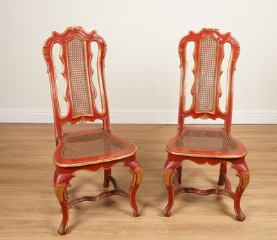 Lot 1093 - A PAIR PARCEL-GILT RED LACQUER SIDE CHAIRS OF 17TH CENTURY VENETIAN STYLE