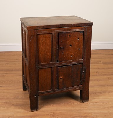 Lot 1144 - A 17TH CENTURY PROVINCIAL OAK PANELLED CUPBOARD WITH ASSOCIATED TOP