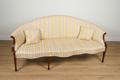 Lot 1150 - A GEORGE III INLAID MAHOGANY FRAMED ARCH BACK SERPENTINE SEATED SOFA