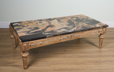 Lot 1152 - A MARBLE RECTANGULAR COFFEE TABLE ON A CARVED AND POLYCHROME PAINTED BASE