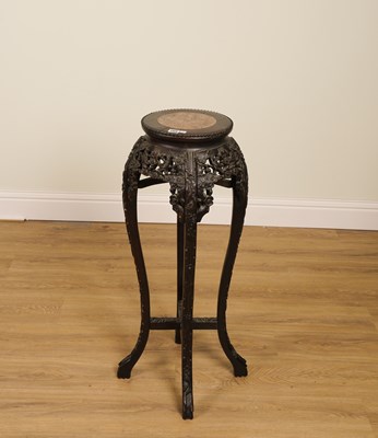 Lot 1158 - A LATE 19TH CENTURY CHINESE-EXPORT MARBLE INSET CARVED HARDWOOD JARDINIERE STAND