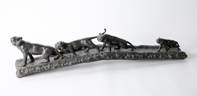 Lot 1259 - A LARGE JAPANESE BRONZE GROUP OF FOUR TIGERS CROSSING A BRIDGE BY GENRYUSAI SEIYA