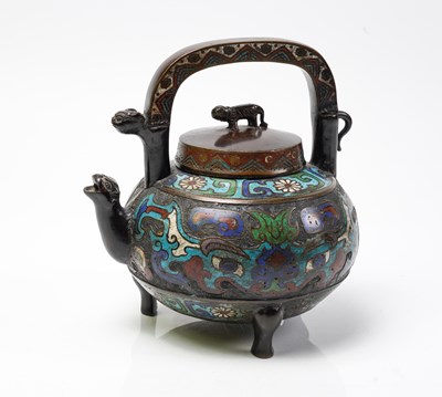 Lot 1282 - A JAPANESE BRONZE AND CHAMPLEVE ENAMEL WINE POT AND COVER (2)