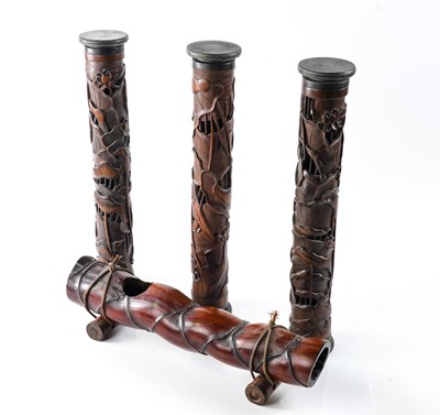 Lot 1283 - THREE TALL CHINESE CARVED AND PIERCED BAMBOO INCENSE HOLDERS