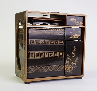 Lot 1295 - A JAPANESE BLACK LACQUER RECTANGULAR SAGE-JUBAKO ( PICNIC BOX)