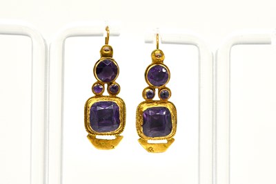 Lot 1863 - A PAIR OF AMETHYST PENDANT EARRINGS
