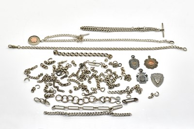 Lot 1870 - THREE SILVER CURB LINK WATCH ALBERT CHAINS AND FURTHER MOSTLY SILVER ITEMS (QTY)