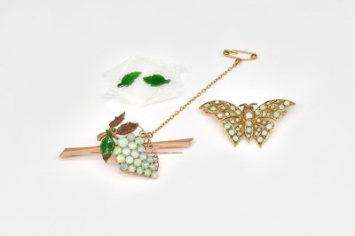 Lot 1873 - A 9CT GOLD, OPAL AND RUBY SET BUTTERFLY BROOCH AND ANOTHER BROOCH (2)
