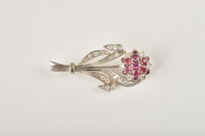 Lot 1874 - A WHITE GOLD, RUBY AND DIAMOND BROOCH