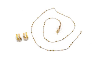 Lot 1911 - A PAIR OF TWO COLOUR GOLD AND DIAMOND EARCLIPS AND A WHITE GOLD NECKLACE (2)