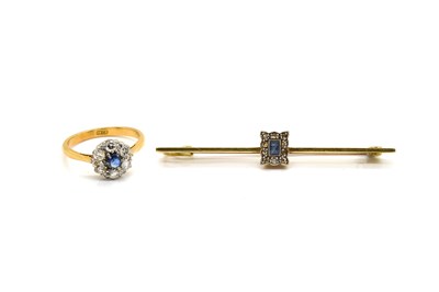 Lot 1912 - A SAPPHIRE AND DIAMOND CLUSTER RING AND A BAR BROOCH (2)
