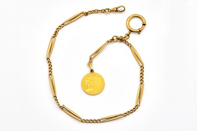 Lot 1916 - A GOLD WATCH ALBERT CHAIN WITH A COIN FOB